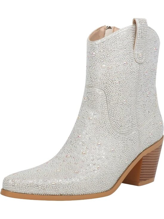 Shoes - Women's Pearl Silver Rhinestone Sparkly Block Heel Pointed Toe Ankle Cowboy Boot